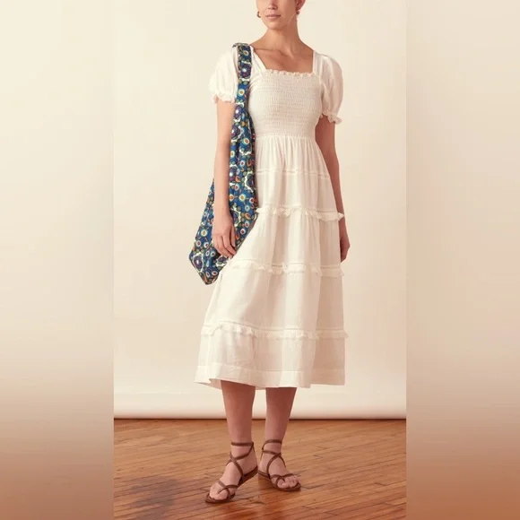 The Great The Savanna Shirred Tiered Cotton-voile Midi Dress - White size 0/XS - Picture 4 of 10